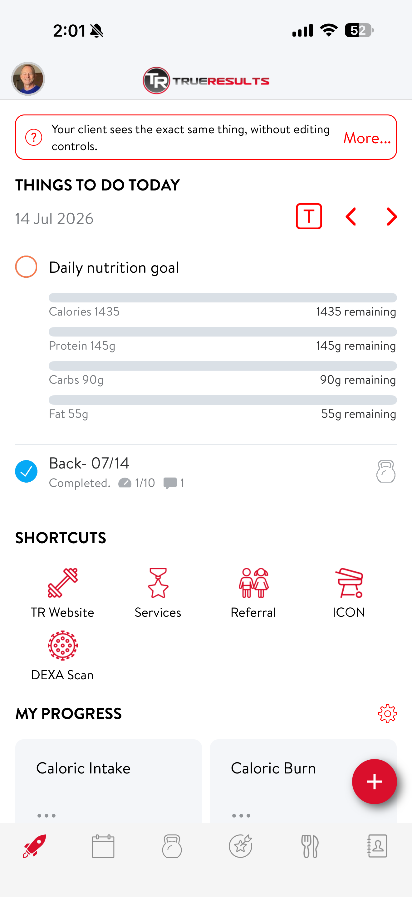 True Results client app dashboard showing nutrition goals and workout tracking